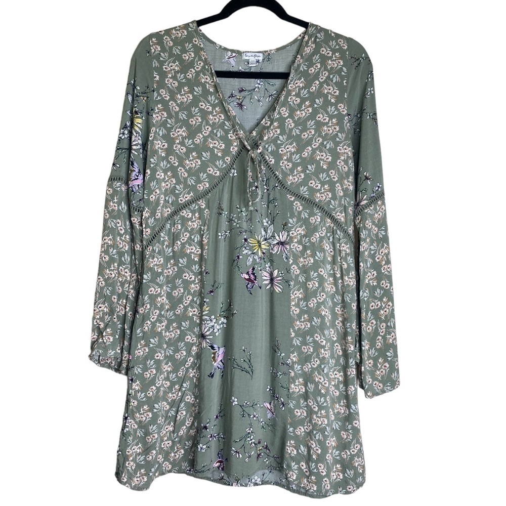 Love, Fire Green Bird and Floral Print Boho Tunic Sz Med